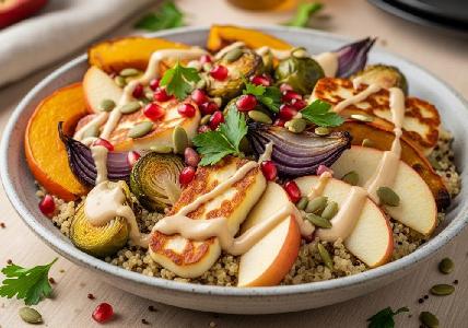 Bild vom Rezept Herbstliche Ofengemüse-Halloumi-Bowl mit Quinoa und Tahini-Ahornsirup-Dressing