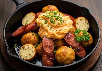 Bild vom Rezept Breznknödelpfanne mit Bierbratwurst und Obatzda-Creme