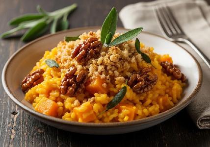 Bild vom Rezept Cremiges Kürbisrisotto mit karamellisierten Walnüssen und Salbei-Crumble