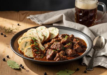 Bild vom Rezept Bayrisches Biergulasch mit Brezn-Serviettenknödel