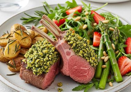 Bild vom Rezept Osterlammkarree unter Bärlauchkruste mit Rosmarinkartoffeln und Spargel-Erdbeer-Salat