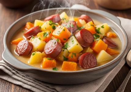 Bild vom Rezept Herbstlicher Kürbis-Kartoffel-Eintopf mit knackigen Würstchen