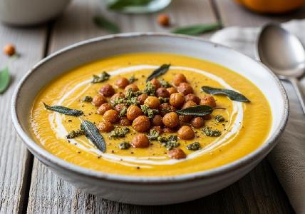 Bild vom Rezept Cremige Kürbis-Linsen-Suppe mit knusprigen Kichererbsen und Salbei-Crumble