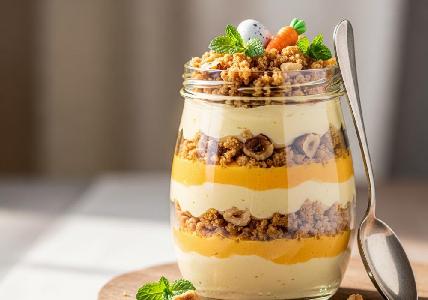 Bild vom Rezept Oster-Möhrenkuchen-Mousse mit Orangen-Joghurt und Haselnuss-Crumble