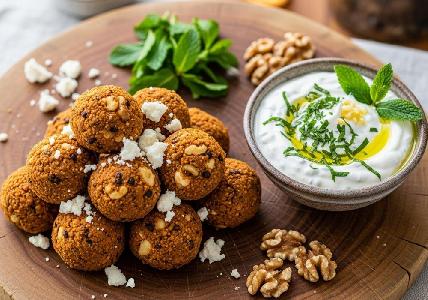 Bild vom Rezept Rauchige Linsen-Walnuss-Bällchen mit Feta und Minz-Joghurt-Dip