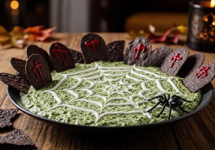 Bild vom Rezept Spinnennetz-Spinat-Dip mit Grabstein-Crackern