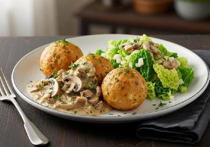Bild vom Rezept Deftige Brezelknödel mit cremiger Pilzrahmsoße und Rahmwirsing