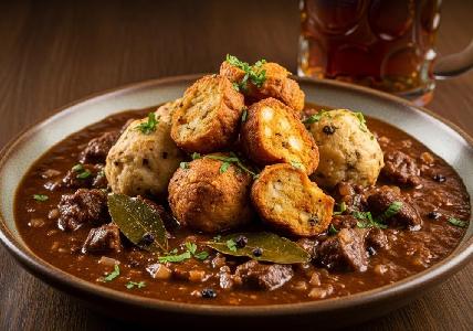 Bild vom Rezept Bayrischer Biergulasch mit knusprigem Brezenknödel-Topping