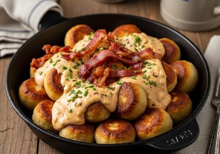 Bild vom Rezept Bayerische Breznknödel-Pfanne mit Obatzda-Sauce und knusprigem Speck