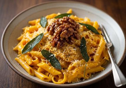 Bild vom Rezept Cremige Kürbis-Pasta mit knusprigem Salbei und karamellisierten Walnüssen