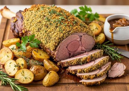 Bild vom Rezept Lammkeule mit Kräuterkruste und Rosmarinkartoffeln